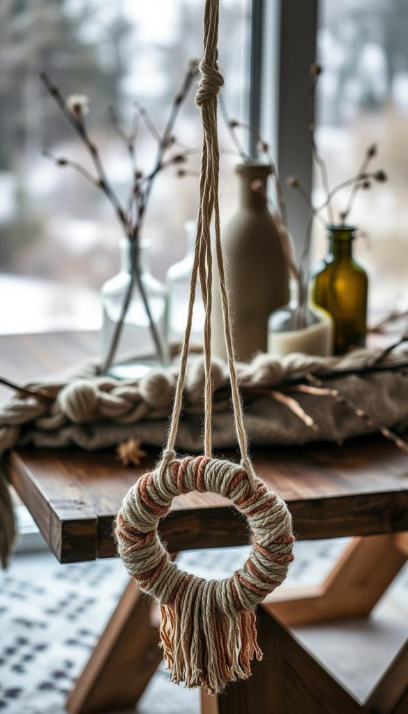 A cozy winter scene featuring a rustic wooden table adorned with a woolen garland, glass vases, and natural twigs. Soft, diffused lighting casts a warm glow, highlighting the textures of the materials. In the foreground, a handmade macrame ring in an earthy palette hangs gracefully, complementing the organic elements. The background features a blurred, natural landscape, evoking a sense of tranquility. This authentic and inspirational KlickKiste image captures the essence of &quot;Wolle trifft Natur&quot; - a harmonious blend of natural materials and winter aesthetics.