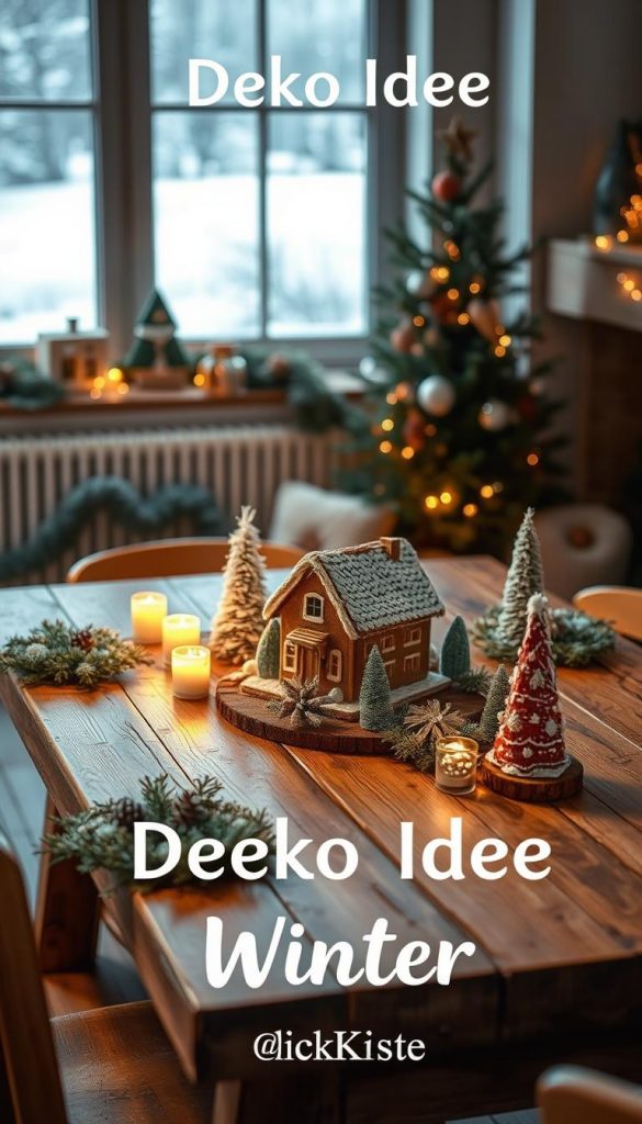 A cozy winter scene featuring a rustic wooden tisch (table) adorned with a gingerbread village centerpiece, surrounded by natural, handcrafted holiday decorations. The warm lighting casts a soft glow, evoking a charming, homemade atmosphere. In the background, a snowy landscape can be seen through a large window, adding to the peaceful, wintry ambiance. The image has a natural, authentic feel, perfect for a DIY-inspired &quot;Deko Idee Winter&quot; feature. Crafted by KlickKiste.