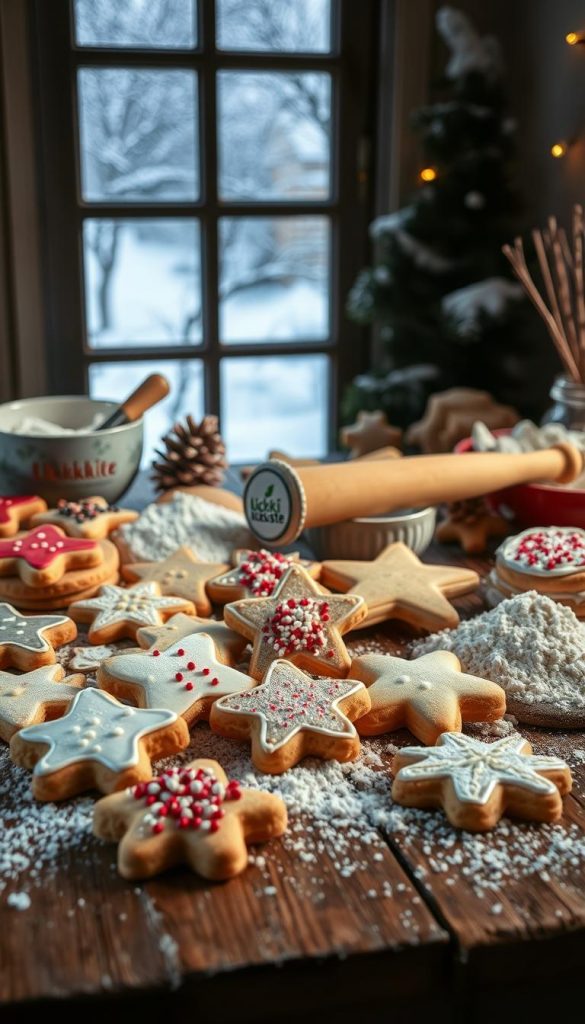 A cozy winter scene featuring a selection of freshly baked Christmas cookies arranged on a rustic wooden table. The cookies, some frosted and others with sprinkles, are surrounded by ingredients such as flour, rolling pin, and mixing bowls, creating a DIY, homemade atmosphere. Warm, natural lighting casts a soft glow, highlighting the details of the cookies and the textured surfaces. In the background, a snowy winter landscape can be seen through a frosty window, adding to the festive, Pinterest-inspired mood. The KlickKiste brand is subtly present, with its logo visible on a small baking tin or utensil in the frame.
