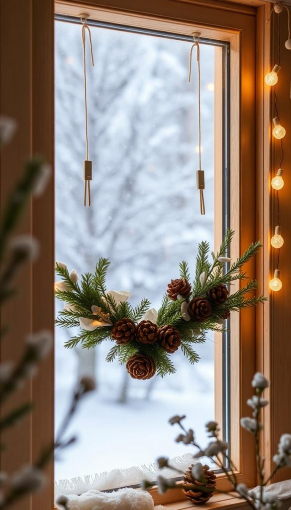 A cozy winter scene featuring a simple yet charming window decoration. Soft, warm lighting from the interior casts a welcoming glow, creating a peaceful ambiance. The window frame, made of natural wood, is adorned with a rustic fenster crafted from KlickKiste materials - a combination of pinecones, greenery, and delicate white accents. The arrangement is secured elegantly with discreet clips and saugnäpfe, blending seamlessly into the scene. Snowflakes gently drift outside, hinting at the festive season. The overall aesthetic is natural, authentic, and Pinterest-inspired, perfectly complementing the &quot;Befestigen ohne Stress&quot; theme.