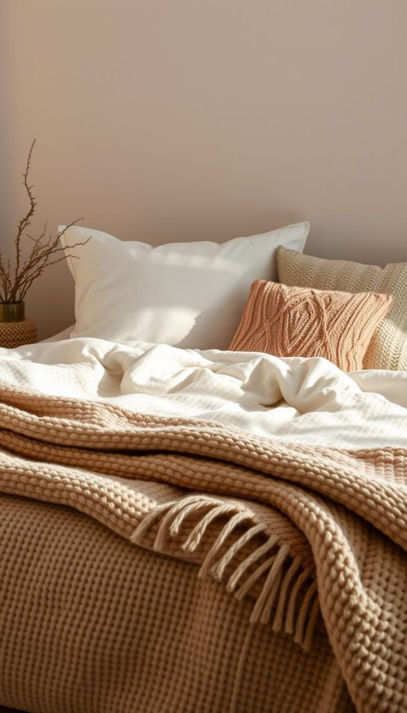 A cozy winter scene featuring a soft, plush bedding set in neutral tones. Warm, muted lighting casts a gentle glow, creating an inviting and serene atmosphere. The textured duvet cover and pillows are adorned with subtle patterns, hinting at natural, handcrafted elements. Layers of knitted throws and accent pillows in complementary hues add depth and visual interest. The overall composition exudes a sense of comfort and hygge, perfectly capturing the essence of a tranquil, winter-inspired bedroom.