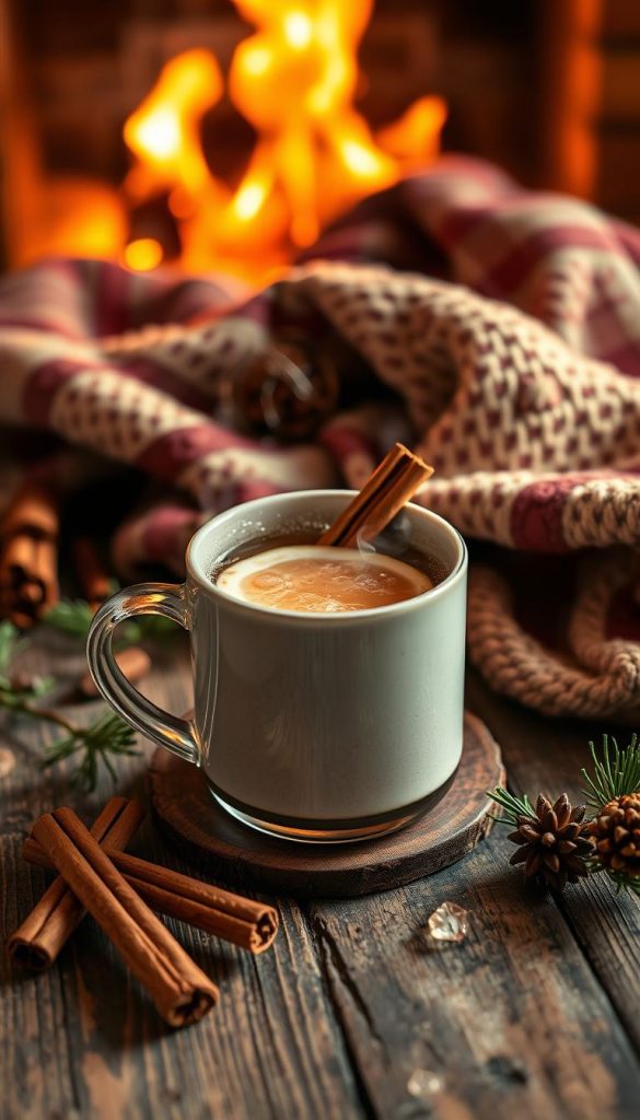 A cozy winter scene featuring a steaming mug of spiced rum toddy. The drink is made with dark rum, warm spices like cinnamon and cloves, and a hint of citrus. Placed on a rustic wooden table, surrounded by pine sprigs, cinnamon sticks, and a woolen blanket. Soft, warm lighting casts a golden glow, creating a welcoming, hygge-inspired atmosphere. The mood is comforting and inviting, perfect for sipping by the fireplace on a chilly evening. The image has a natural, handcrafted aesthetic with a touch of vintage charm, capturing the essence of homemade winter drinks. A cozy winter scene featuring a steaming mug of spiced rum toddy. The drink is made with dark rum, warm spices like cinnamon and cloves, and a hint of citrus. Placed on a rustic wooden table, surrounded by pine sprigs, cinnamon sticks, and a woolen blanket. Soft, warm lighting casts a golden glow, creating a welcoming, hygge-inspired atmosphere. The mood is comforting and inviting, perfect for sipping by the fireplace on a chilly evening. The image has a natural, handcrafted aesthetic with a touch of vintage charm, capturing the essence of homemade winter drinks.