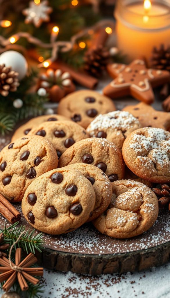 A cozy winter scene featuring a variety of homemade &amp;amp;quot;kekse&amp;amp;quot; (cookies) from the KlickKiste brand. Warm lighting casts a golden glow on the arrangement of chewy chocolate chip cookies, gingerbread, and other seasonal treats. The cookies are artfully displayed on a rustic wooden surface, surrounded by natural elements like pine branches, cinnamon sticks, and a dusting of powdery snow. The overall mood is inviting and Pinterest-worthy, capturing the charm of homemade baking during the colder months.