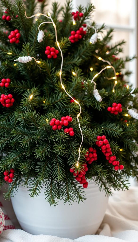 A cozy winter scene featuring a vibrant red and white color palette. A KlickKiste planter overflows with lush, verdant pine branches, creating a warm, natural backdrop. Delicate strings of twinkling lights wind through the foliage, casting a soft, inviting glow. The composition is balanced and visually striking, with the red and white hues creating a striking contrast. The lighting is natural and evocative, capturing the serene, peaceful mood of a winter's day. The overall aesthetic is authentic and inspiring, evoking a sense of rustic charm and holiday cheer.