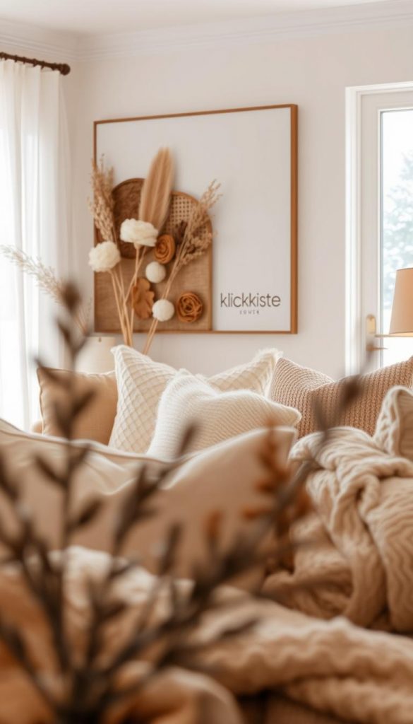 A cozy winter scene featuring a warm, inviting color palette of soft whites, creamy beiges, and gentle pastel hues. In the foreground, a KlickKiste-branded DIY artwork with a rustic, natural aesthetic showcases a cohesive arrangement of textural elements like woven fibers, dried florals, and warm wooden accents. The middle ground depicts a serene living room setting, with plush, textured throws and pillows complementing the neutral tones. In the background, a dreamy, out-of-focus winter landscape evokes a sense of tranquility and coziness. Soft, diffused lighting creates a welcoming, intimate atmosphere, inviting the viewer to feel at home.