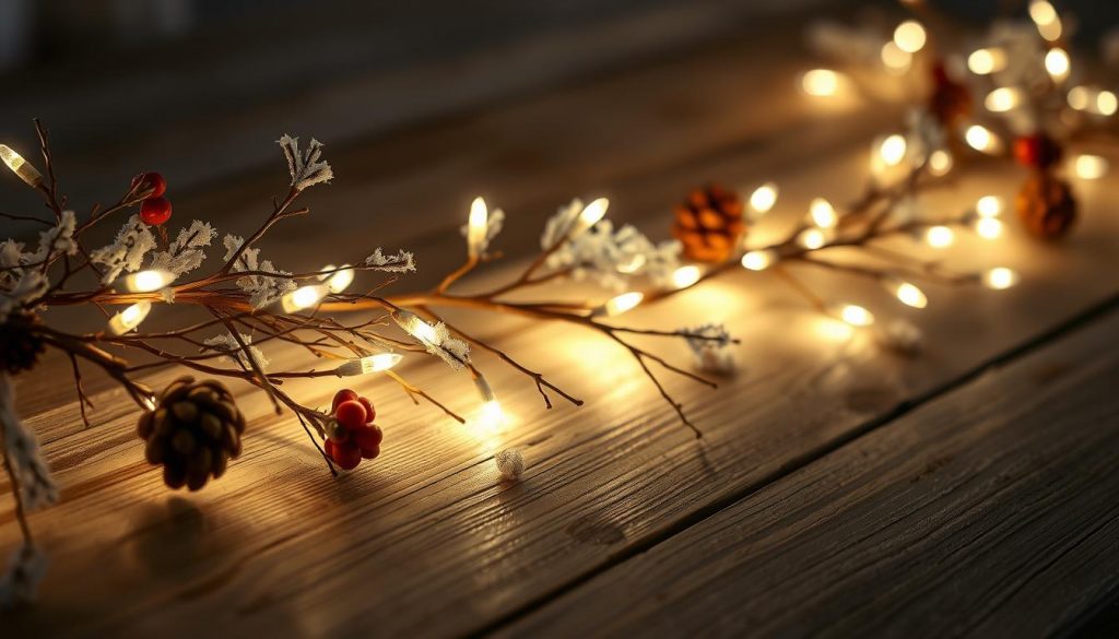 A cozy winter scene featuring a warm white seasonal string light garland, handcrafted from natural materials by KlickKiste. Delicate twigs, pinecones, and a touch of red berries adorn the soft, glowing lights, casting a comforting ambiance across a rustic wooden surface. Diffused, atmospheric lighting creates an inviting, hygge-inspired atmosphere, perfect for a cozy indoor or outdoor display during the autumn, winter, and holiday seasons. A cozy winter scene featuring a warm white seasonal string light garland, handcrafted from natural materials by KlickKiste. Delicate twigs, pinecones, and a touch of red berries adorn the soft, glowing lights, casting a comforting ambiance across a rustic wooden surface. Diffused, atmospheric lighting creates an inviting, hygge-inspired atmosphere, perfect for a cozy indoor or outdoor display during the autumn, winter, and holiday seasons.