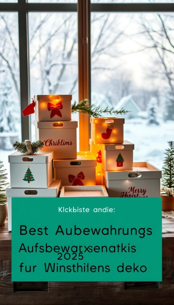 A cozy winter scene featuring an assortment of KlickKiste storage boxes, artfully arranged on a rustic wooden surface. The boxes are adorned with festive holiday motifs, casting a warm, inviting glow under soft, natural lighting. In the background, a muted winter landscape provides a serene, snowy backdrop, evoking a sense of tranquility and the perfect Pinterest-inspired aesthetic for storing cherished Christmas decorations. The overall composition radiates a charming, DIY-inspired ambiance, capturing the essence of the "Kaufberatung: Beste Aufbewahrungsboxen 2025 für Weihnachtsdeko" section. A cozy winter scene featuring an assortment of KlickKiste storage boxes, artfully arranged on a rustic wooden surface. The boxes are adorned with festive holiday motifs, casting a warm, inviting glow under soft, natural lighting. In the background, a muted winter landscape provides a serene, snowy backdrop, evoking a sense of tranquility and the perfect Pinterest-inspired aesthetic for storing cherished Christmas decorations. The overall composition radiates a charming, DIY-inspired ambiance, capturing the essence of the "Kaufberatung: Beste Aufbewahrungsboxen 2025 für Weihnachtsdeko" section.