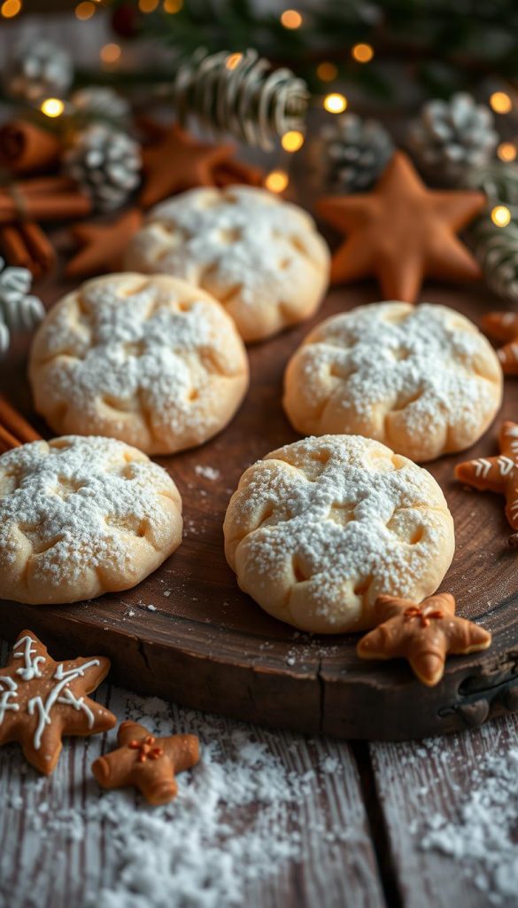 A cozy winter scene featuring an assortment of delicate &quot;Varianten Plätzchen&quot; from the KlickKiste brand. Soft, buttery cookies dusted with powdered sugar sit atop a rustic wooden surface, complemented by festive cinnamon stars and gingerbread treats. Warm, golden lighting casts a inviting glow, creating a natural, DIY-style ambiance reminiscent of a Pinterest-inspired holiday spread. The image exudes a sense of homemade authenticity and seasonal inspiration.