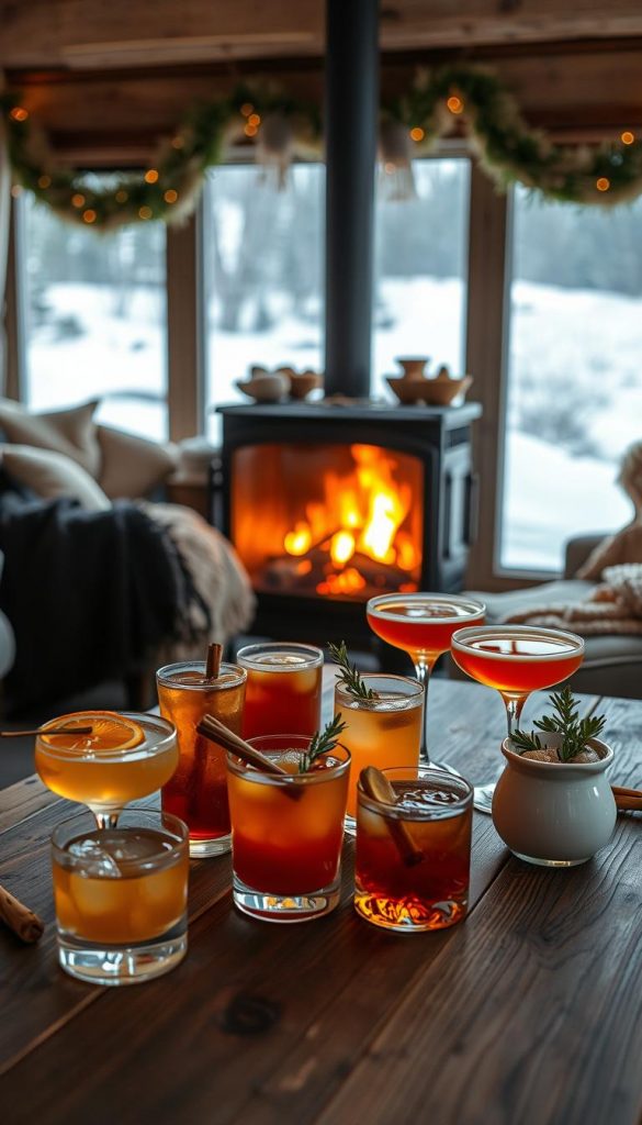 A cozy winter scene featuring an assortment of warm, inviting cocktails. In the foreground, a wooden table is adorned with various glass and ceramic vessels, each containing a unique libation. Garnishes such as cinnamon sticks, orange slices, and fresh herbs add a natural, rustic touch. The middle ground showcases a crackling fireplace, casting a soft, amber glow and creating a inviting atmosphere. In the background, a snowy landscape is visible through a large window, framed by plush textiles and cozy furnishings. The overall composition exudes a sense of hygge, with muted tones, natural textures, and a comforting, intimate mood. A cozy winter scene featuring an assortment of warm, inviting cocktails. In the foreground, a wooden table is adorned with various glass and ceramic vessels, each containing a unique libation. Garnishes such as cinnamon sticks, orange slices, and fresh herbs add a natural, rustic touch. The middle ground showcases a crackling fireplace, casting a soft, amber glow and creating a inviting atmosphere. In the background, a snowy landscape is visible through a large window, framed by plush textiles and cozy furnishings. The overall composition exudes a sense of hygge, with muted tones, natural textures, and a comforting, intimate mood.