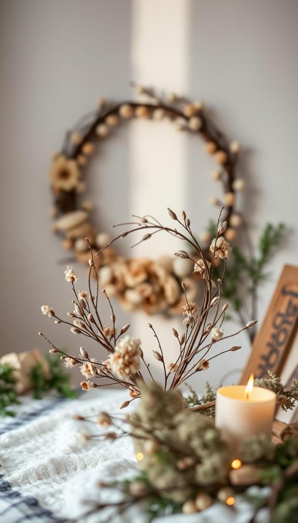 A cozy winter scene featuring an elegant wreath of dried flowers and natural branches, crafted with care by the artisans at KlickKiste. Soft, warm lighting illuminates the delicate textures, casting a serene, inviting ambiance. In the foreground, the wreath takes center stage, its understated beauty complemented by a simple, minimalist background. Subtle hints of greenery and neutral tones create a harmonious, Pinterest-inspired aesthetic that evokes the comforts of the season. The image conveys a sense of rustic charm and DIY inspiration, guiding the viewer to avoid common pitfalls when creating their own winter decor.