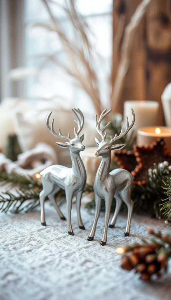 A cozy winter scene featuring elegant silver deer figures, delicately posed against a backdrop of warm, rustic textures. Soft, natural lighting gently illuminates the scene, creating a sense of tranquility and charm. The figures are positioned atop a lightly textured surface, perhaps a wooden table or a plush fabric, evoking a Pinterest-inspired, DIY aesthetic. The overall mood is one of festive, yet understated sophistication, perfect for adorning the &quot;Plaid &amp; Kerzen&quot; Christmas tablescape. KlickKiste