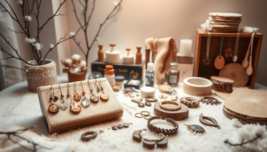 A cozy winter scene featuring handcrafted jewelry made from Harz, Acryl, and Acetat. In the foreground, a KlickKiste display showcases delicate pendants, bracelets, and earrings in natural hues of beige, white, and wood tones. Soft, diffused lighting creates a serene, inviting atmosphere, highlighting the intricate textures and organic shapes of the DIY accessories. In the middle ground, a variety of jewelry-making tools and materials, such as molds, resin, and findings, are artfully arranged, suggesting the process of creating these unique, statement-making pieces. The background features a minimal, Nordic-inspired setting, with clean lines and muted tones, allowing the handcrafted jewelry to take center stage.