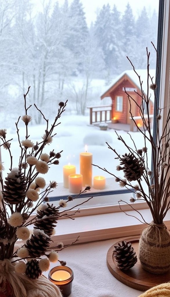A cozy winter scene featuring natural, handmade decorations in warm tones. The foreground showcases a KlickKiste display with pinecones, dried flowers, and twigs arranged in a rustic, Pinterest-inspired manner. The middle ground features a snowy windowsill with candles and a small potted plant, casting a soft, ambient glow. The background depicts a serene winter landscape visible through the window, with a gentle snowfall and a hint of a Nordic-style cabin in the distance. The overall atmosphere is one of hygge, tranquility, and the natural beauty of the winter season.