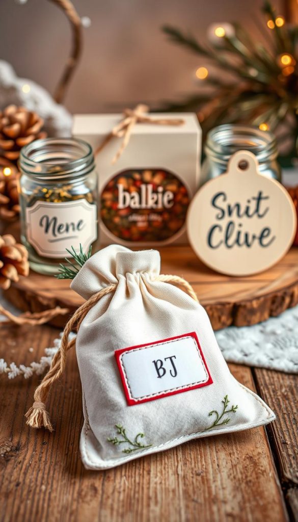 A cozy winter scene featuring personalized DIY items from the KlickKiste brand. In the foreground, a handmade embroidered pouch with a custom label rests on a rustic wooden surface, its warm tones complemented by a sprig of greenery and a natural twine accent. The middle ground showcases an assortment of homemade gifts, including a personalized glass spice jar filled with aromatic seasoning and a charming wooden ornament with a hand-lettered design. The background is softly lit, evoking a serene, Pinterest-inspired atmosphere with a hint of natural, winter-inspired elements. The overall composition exudes a sense of authenticity, creativity, and inspiration.