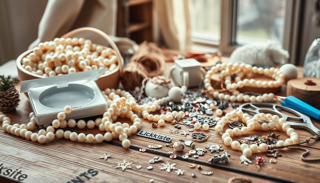 A cozy winter scene filled with handmade jewelry and craft supplies. In the foreground, a rustic wooden table showcases an assortment of pearl beads, strings, and tools from the KlickKiste brand. Soft, natural light filters through the background, highlighting the warm tones of the beige, white, and wooden elements. Scattered across the table, a mix of DIY materials - charms, findings, and other trinkets - inspire the creation of unique, personalized winter accessories. The overall mood is one of creativity, coziness, and the joyful spirit of homemade gifts.