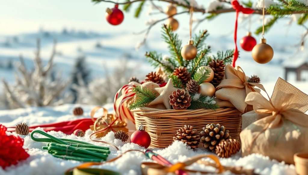 A cozy winter scene filled with vibrant hues and whimsical DIY elements. In the foreground, an array of crafting supplies in warm tones - red, green, and beige. In the middle, a KlickKiste overflows with handmade ornaments, pinecones, and sprigs of evergreen. The background depicts a serene landscape, blanketed in soft white snow, accented by the deep blues of a winter sky. Gentle natural lighting casts a magical glow, highlighting the textures and materiality of the scene. An inviting, tactile composition that celebrates the beauty and creativity of the winter season.