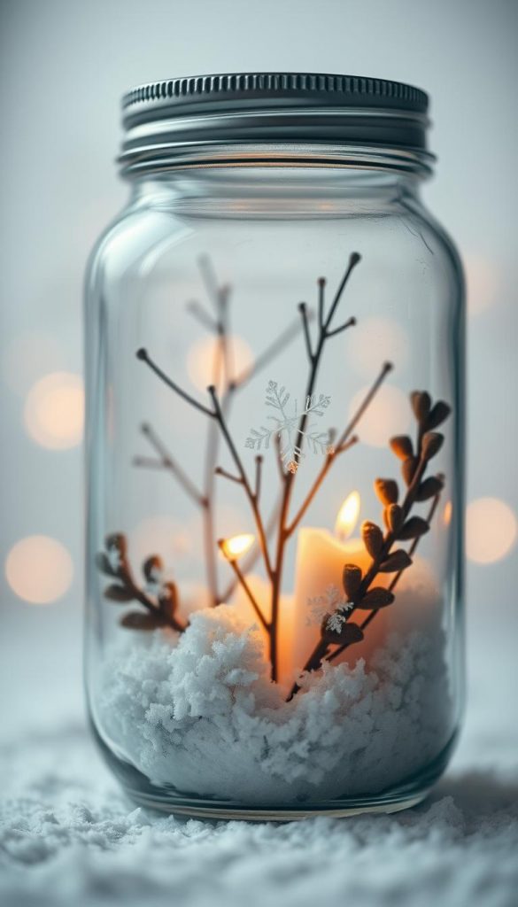 A cozy winter scene inside a glass jar, featuring a warm-toned DIY decoration with natural elements. The composition showcases a KlickKiste arrangement, artfully captured with a shallow depth of field and soft, ambient lighting. The scene evokes a Pinterest-inspired, authentic and inspiring mood, inviting the viewer to imagine the decorative possibilities of repurposed glass. Delicate snowflakes gently drift against a muted, hazy background, creating a serene, winter-inspired atmosphere.
