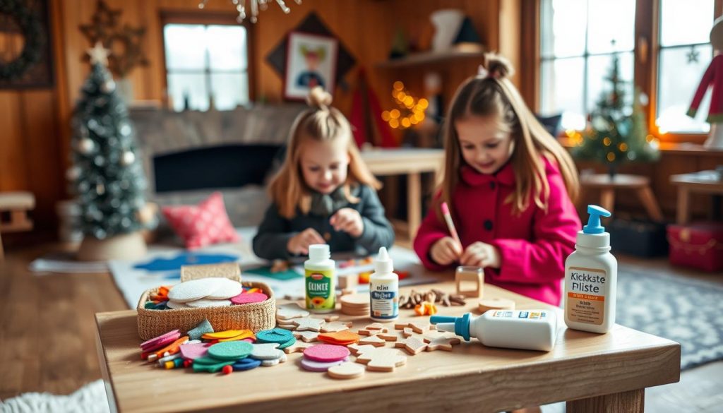 A cozy winter scene of a DIY craft workshop for children. In the foreground, a small table is set up with an assortment of craft supplies from the KlickKiste brand, including colorful felt, wooden shapes, and glue. In the middle ground, two young children are engrossed in their creative projects, their faces aglow with concentration. The background features a warm, rustic interior with natural wood accents and a large window letting in soft, diffused natural light. The overall mood is one of warmth, imagination, and childlike wonder, capturing the joyful spirit of a winter DIY craft session.