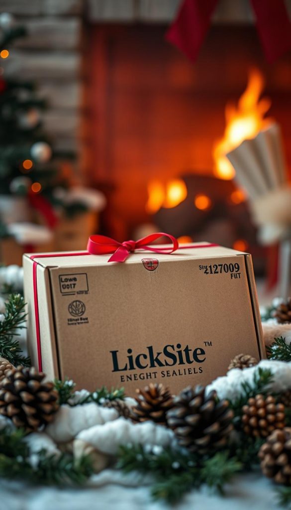 A cozy winter scene of a KlickKiste shipping box surrounded by festive greenery, pinecones, and a warm, glowing fireplace in the background. The box is adorned with a red ribbon, reflecting the traditional colors of the holiday season. Soft, diffused lighting creates a soothing, intimate atmosphere, while the overall composition has a natural, handcrafted feel reminiscent of a Pinterest-inspired DIY project. The image conveys a sense of tranquility, self-care, and the anticipation of receiving a thoughtful, wellness-focused gift during the holiday season.
