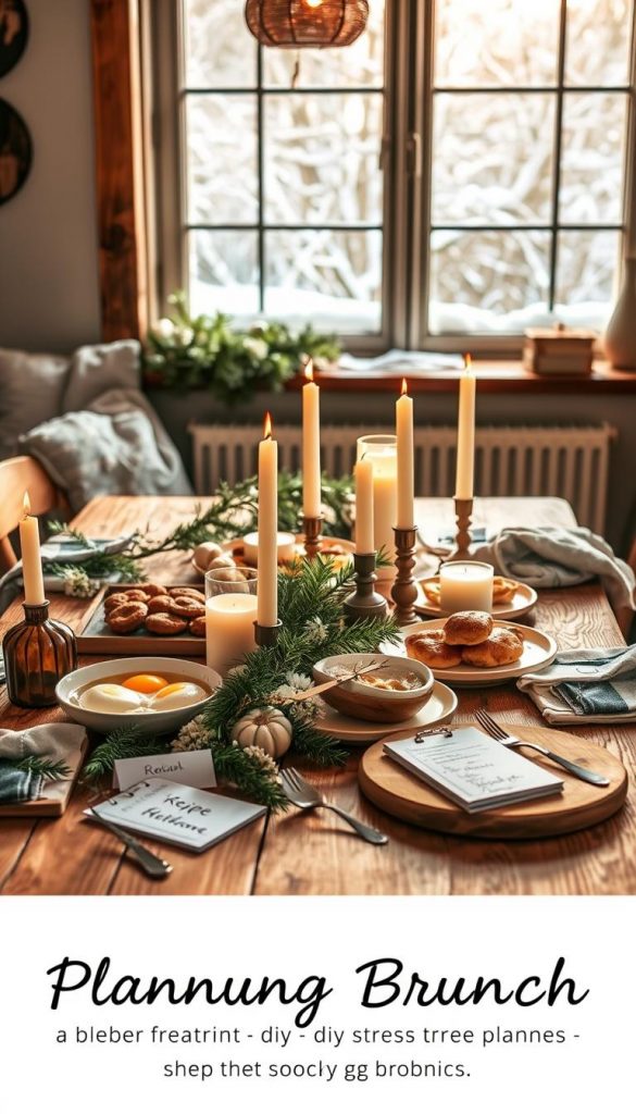 A cozy winter scene of a "Planung Brunch" table setting. Warm natural lighting cascades over a rustic wooden surface, adorned with fresh greenery, candles, and an array of brunch fare. Handwritten recipe cards and a KlickKiste product add a charming DIY touch. In the background, a snowy window view evokes a serene, hygge-inspired atmosphere. The overall mood is inviting, authentic, and Pinterest-worthy, capturing the essence of stress-free brunch planning. A cozy winter scene of a "Planung Brunch" table setting. Warm natural lighting cascades over a rustic wooden surface, adorned with fresh greenery, candles, and an array of brunch fare. Handwritten recipe cards and a KlickKiste product add a charming DIY touch. In the background, a snowy window view evokes a serene, hygge-inspired atmosphere. The overall mood is inviting, authentic, and Pinterest-worthy, capturing the essence of stress-free brunch planning.