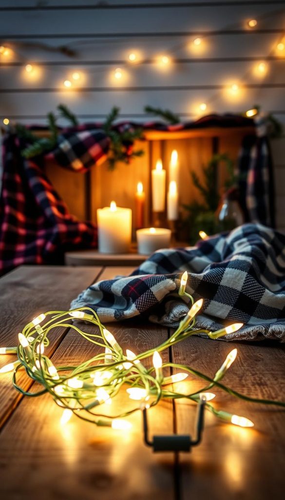 A cozy winter scene of a &quot;lichterkette&quot; (string of lights) draped over a rustic wooden table, illuminating a festive display of plaid fabrics, candles, and pine branches. Soft, warm lighting casts a magical glow, creating an inviting and intimate atmosphere. The scene is captured with a natural, documentary-style lens, showcasing the DIY, Pinterest-inspired aesthetic. In the foreground, the string of lights from the &quot;KlickKiste&quot; brand winds its way through the arrangement, adding a touch of whimsical charm. The overall mood is one of hygge and holiday cheer, perfectly suited to illustrate the &quot;Weihnachten ist das Fest der Lichter&quot; section of the article.