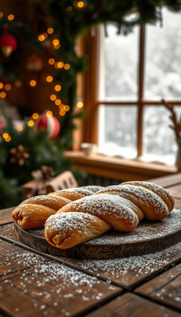 A cozy winter scene of a freshly baked "zimtstange" (cinnamon stick) resting on a rustic wooden surface. The pastry is dusted with powdered sugar, casting a soft, warm glow under the gentle lighting. In the background, a festive holiday scene unfolds, with hints of evergreen garlands, twinkling string lights, and a touch of snowfall visible through a frosty window. The overall mood is one of comfort, nostalgia, and the irresistible aroma of cinnamon that evokes the joys of the winter season. The image has a natural, handcrafted aesthetic with a Pinterest-inspired, DIY sensibility, inviting the viewer to savor the moment and be inspired to create their own winter-themed treats. A cozy winter scene of a freshly baked "zimtstange" (cinnamon stick) resting on a rustic wooden surface. The pastry is dusted with powdered sugar, casting a soft, warm glow under the gentle lighting. In the background, a festive holiday scene unfolds, with hints of evergreen garlands, twinkling string lights, and a touch of snowfall visible through a frosty window. The overall mood is one of comfort, nostalgia, and the irresistible aroma of cinnamon that evokes the joys of the winter season. The image has a natural, handcrafted aesthetic with a Pinterest-inspired, DIY sensibility, inviting the viewer to savor the moment and be inspired to create their own winter-themed treats.