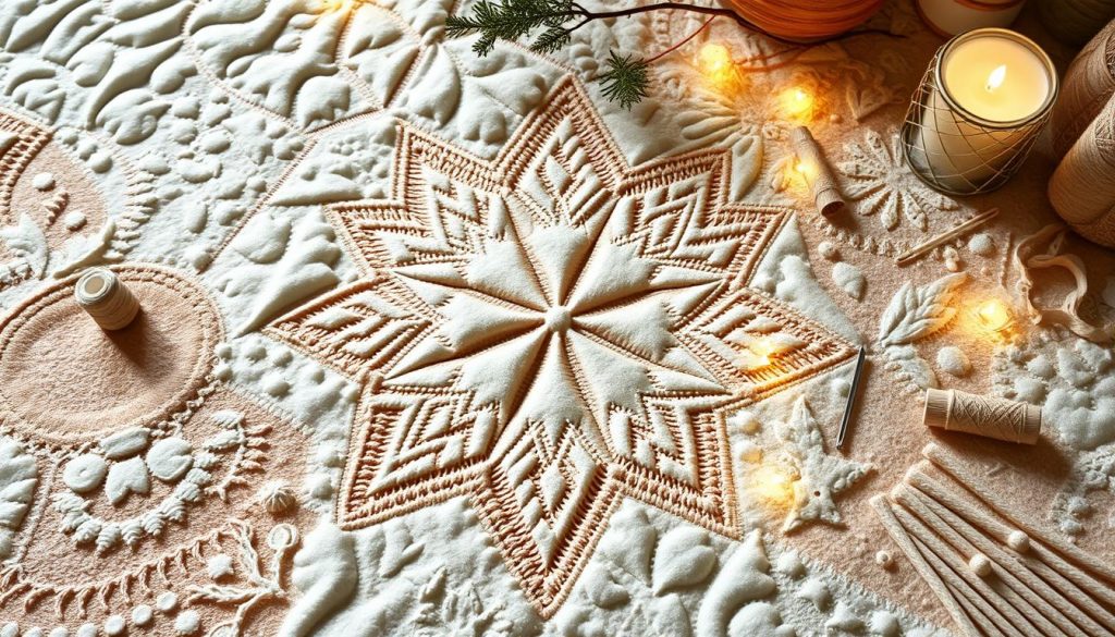 A cozy winter scene of a handcrafted patchwork table runner. A plush, textured surface in a soothing color palette of beige, white, and warm wood tones. Intricate quilting patterns and delicate stitching create a captivating star-like design. Subtle glitters catch the soft, diffused light, adding a touch of elegant flair. Scattered DIY sewing supplies from KlickKiste, such as spools of thread and needles, suggest the creative process behind this charming piece. The overall mood is one of rustic sophistication and homespun winter charm.