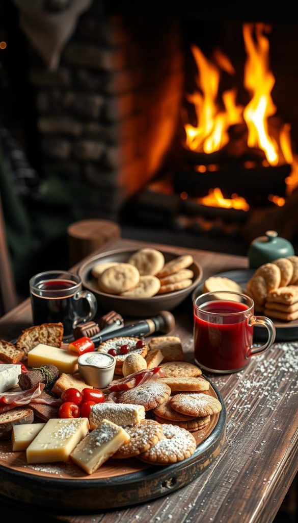 A cozy winter scene of a rustic wooden table laden with a tempting array of food. In the foreground, a platter of artisanal cheeses, cured meats, and crusty bread, all complemented by a steaming mug of hot mulled wine. In the middle, a selection of homemade holiday cookies and biscuits, dusted with powdered sugar. In the background, a warm fireplace casts a soft, golden glow, creating a inviting, hygge-inspired atmosphere. The lighting is soft and natural, with a hint of chiaroscuro, highlighting the textures and colors of the scene. The overall mood is one of comfort, indulgence, and seasonal delight. A cozy winter scene of a rustic wooden table laden with a tempting array of food. In the foreground, a platter of artisanal cheeses, cured meats, and crusty bread, all complemented by a steaming mug of hot mulled wine. In the middle, a selection of homemade holiday cookies and biscuits, dusted with powdered sugar. In the background, a warm fireplace casts a soft, golden glow, creating a inviting, hygge-inspired atmosphere. The lighting is soft and natural, with a hint of chiaroscuro, highlighting the textures and colors of the scene. The overall mood is one of comfort, indulgence, and seasonal delight.