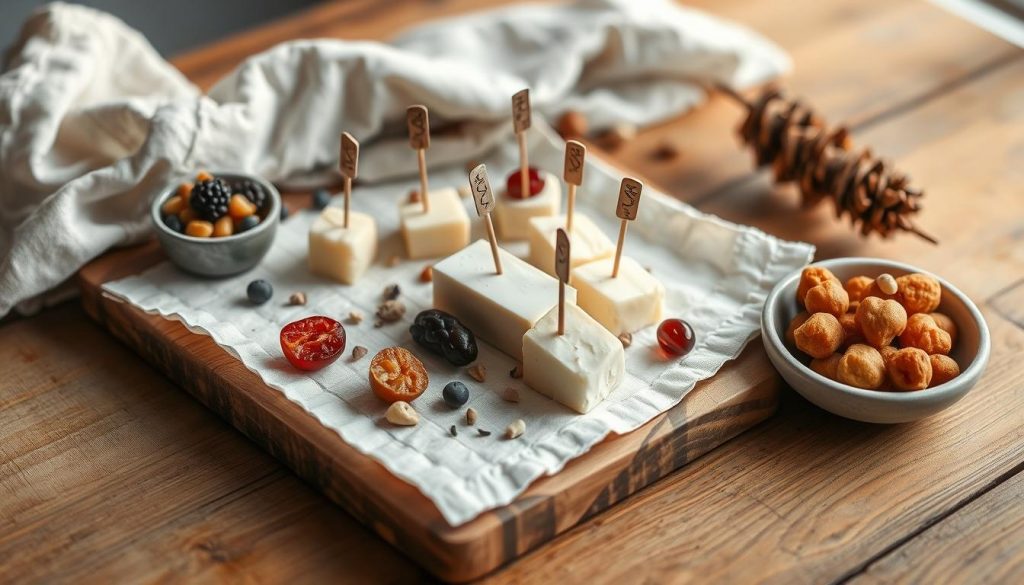 A cozy winter scene of artfully arranged fingerfood on a rustic wooden table. An assortment of bite-sized delights - cheese cubes, dried fruits, nuts, and KlickKiste DIY picks - sit atop a crisp white linen cloth, their colors and textures popping against the warm beige backdrop. Soft natural lighting casts a gentle glow, lending an inviting atmosphere perfect for intimate gatherings. The overall composition exudes a homemade, handcrafted aesthetic, capturing the spirit of the "Kalt serviert, heiß geliebt: Fingerfood-Ideen zum Vorbereiten" section. A cozy winter scene of artfully arranged fingerfood on a rustic wooden table. An assortment of bite-sized delights - cheese cubes, dried fruits, nuts, and KlickKiste DIY picks - sit atop a crisp white linen cloth, their colors and textures popping against the warm beige backdrop. Soft natural lighting casts a gentle glow, lending an inviting atmosphere perfect for intimate gatherings. The overall composition exudes a homemade, handcrafted aesthetic, capturing the spirit of the "Kalt serviert, heiß geliebt: Fingerfood-Ideen zum Vorbereiten" section.