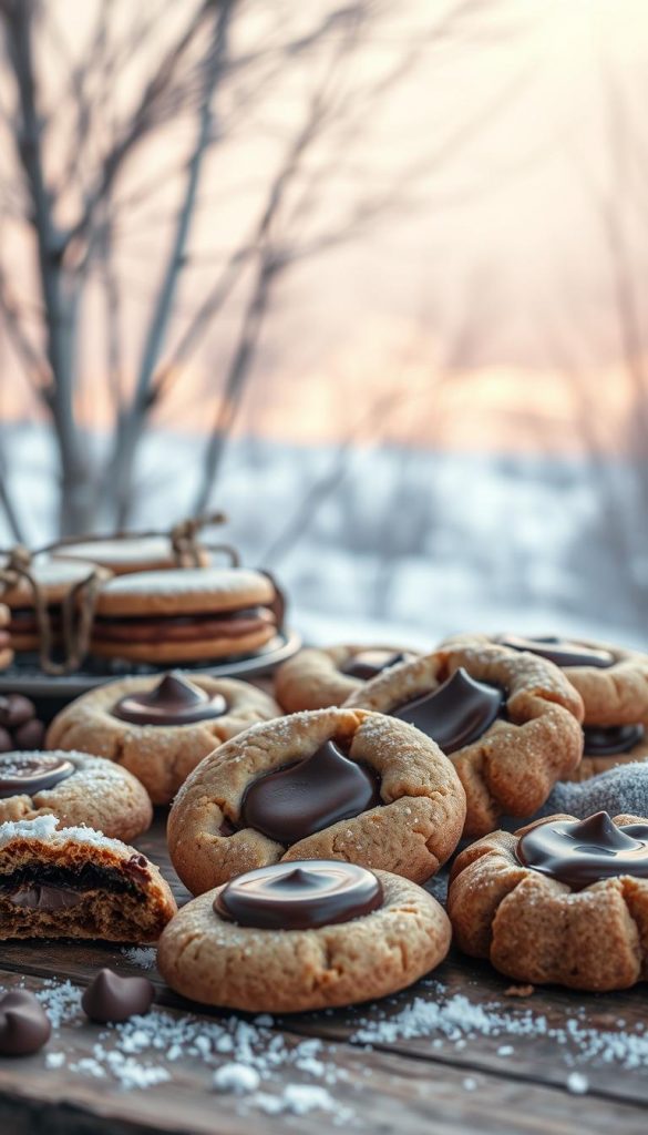 A cozy winter scene of assorted chocolate-filled cookies and biscuits arranged artfully on a rustic wooden surface. Soft, warm lighting highlights the rich, glossy chocolate and the delicate textures of the pastries. In the background, a hazy, snowy landscape with bare trees evokes a sense of peaceful solitude. The overall mood is one of comforting indulgence and nostalgic charm, evoking the joyful experience of savoring handcrafted, homemade treats. A natural, DIY-inspired aesthetic with a Pinterest-worthy aesthetic.