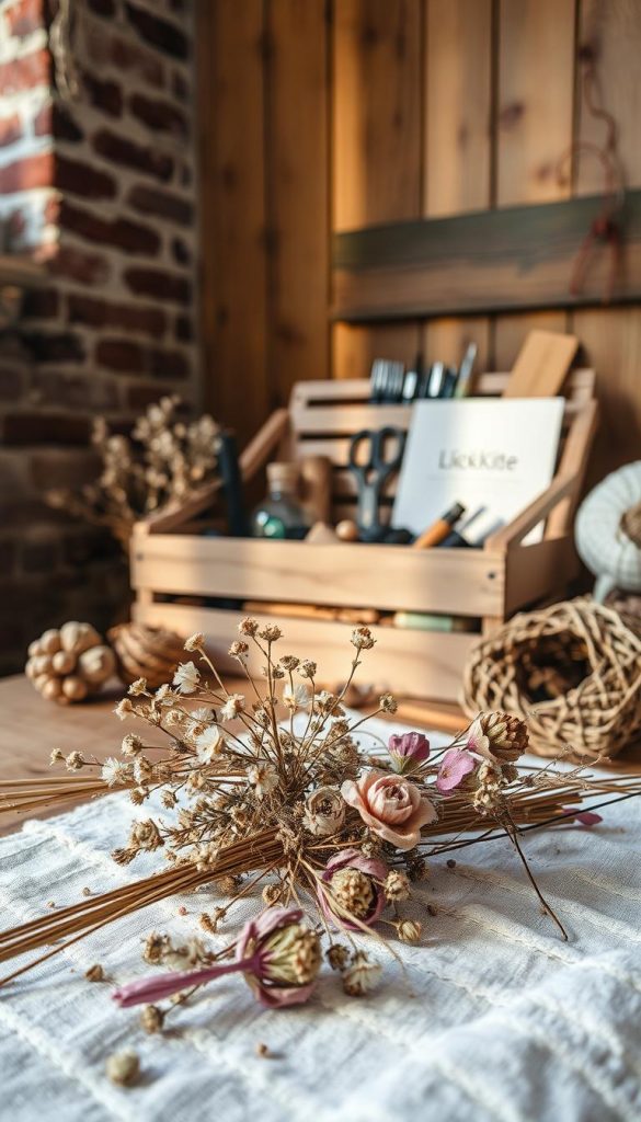 A cozy winter scene of handmade DIY decor, with a rustic, bohemian aesthetic. In the foreground, a collection of dried flowers, twine, and natural materials sits on a linen cloth. The middle ground features a KlickKiste, a wooden crate filled with craft supplies and tools, casting warm, soft light. In the background, a wall of exposed brick and wood paneling creates a charming, intimate atmosphere. The overall mood is one of calm, creativity, and a touch of nostalgia, perfect for the "Boho Friendsgiving" theme. A cozy winter scene of handmade DIY decor, with a rustic, bohemian aesthetic. In the foreground, a collection of dried flowers, twine, and natural materials sits on a linen cloth. The middle ground features a KlickKiste, a wooden crate filled with craft supplies and tools, casting warm, soft light. In the background, a wall of exposed brick and wood paneling creates a charming, intimate atmosphere. The overall mood is one of calm, creativity, and a touch of nostalgia, perfect for the "Boho Friendsgiving" theme.