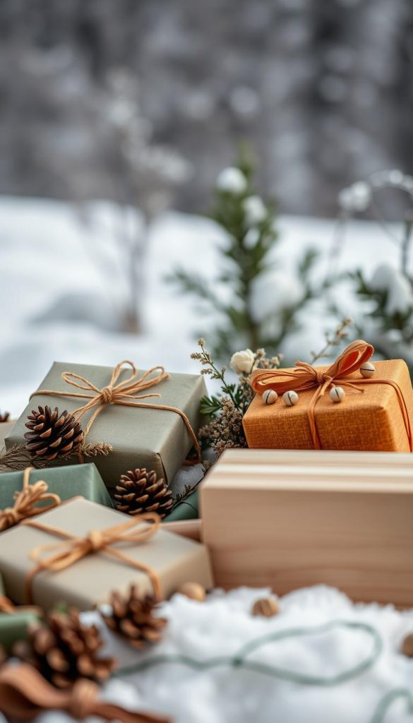 A cozy winter scene of holiday gifts for the special women in your life. In the foreground, a pile of beautifully wrapped presents in warm, earthy tones like sage, mustard, and terracotta, nestled among natural elements like pinecones, eucalyptus, and dried flowers. In the middle ground, a KlickKiste wooden gift box with a minimalist design, hinting at the thoughtful, handcrafted items within. The background features a soft, blurred winter landscape, with muted grays and blues evoking a serene, Nordic atmosphere. Soft, diffused lighting creates a dreamy, intimate mood, perfect for capturing the spirit of this special time of year.