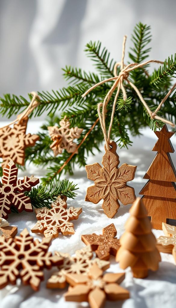 A cozy winter scene of rustic wooden Christmas decorations. In the foreground, a collection of handcrafted ornaments - intricate snowflakes, star shapes, and miniature Christmas trees, all carved from natural wood with a warm, organic texture. In the middle ground, a garland of fresh evergreen boughs, intertwined with delicate strands of twine, casting soft shadows across the scene. The background is filled with a dreamy, hazy light, evoking a serene, peaceful atmosphere. The overall aesthetic is one of simple, wholesome charm, perfect for a homemade, DIY-inspired holiday display.