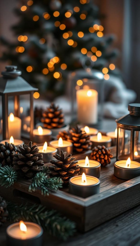 A cozy winter scene of soft glowing LED tea lights nestled among rustic wooden trays, metal lanterns, and natural pinecones. The warm amber light casts a gentle, inviting glow, creating a peaceful, hygge ambiance. In the background, a blurred out Christmas tree with twinkling lights adds to the festive KlickKiste atmosphere. The overall mood is serene and inviting, perfect for setting the tone for the &quot;Sanftes Leuchten&quot; section of the &quot;Kinderzimmer: einfache Weihnachtsdeko &amp; Adventsecken&quot; article.