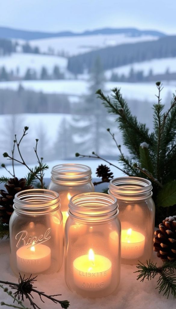 A cozy winter scene of upcycled glass jars transformed into charming windlights. In the foreground, a cluster of KlickKiste mason jars, their glass surfaces gently frosted, house softly flickering candles that cast a warm glow. Surrounding them, an arrangement of pinecones, sprigs of evergreen, and delicate twigs add natural, rustic accents. In the middle ground, a snowy landscape with rolling hills and a hint of a distant forest, bathed in a soft, diffused light. The overall mood is one of calm, cozy inspiration, evoking the feeling of a serene, homemade winter wonderland.