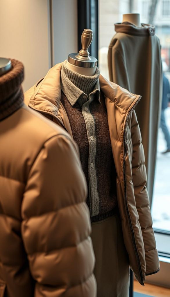 A cozy winter scene showcases a layered outfit on a KlickKiste mannequin. In the foreground, a well-insulated puffer jacket in a neutral tone pairs with a snug turtleneck sweater. The middle ground features a crisp button-down shirt, its fabric gently catching the soft, diffused lighting. In the background, a pair of tailored trousers in a muted color completes the ensemble, exuding a sense of refined practicality. The overall mood is one of warmth and understated elegance, perfectly capturing the &quot;layering formula&quot; for cold weather comfort and city-chic style.
