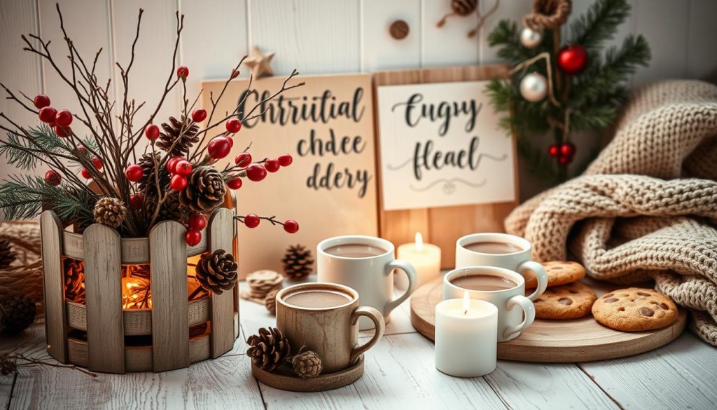 A cozy winter scene showcases an assortment of handcrafted decor, warm snacks, and inspirational "Pinterest ideen" displayed on wooden boards. The foreground features a KlickKiste filled with natural materials like pine cones, twigs, and red berries, casting a soft, ambient glow. In the middle ground, steaming mugs of hot cocoa and freshly baked cookies invite viewers to experience the welcoming, hygge-inspired atmosphere. The background depicts a simple, rustic setting with neutral-toned textures, such as beige knitted blankets and whitewashed wooden surfaces, creating a harmonious, aesthetically-pleasing composition. Gentle, natural lighting accentuates the inviting, winter-wonderland ambiance.