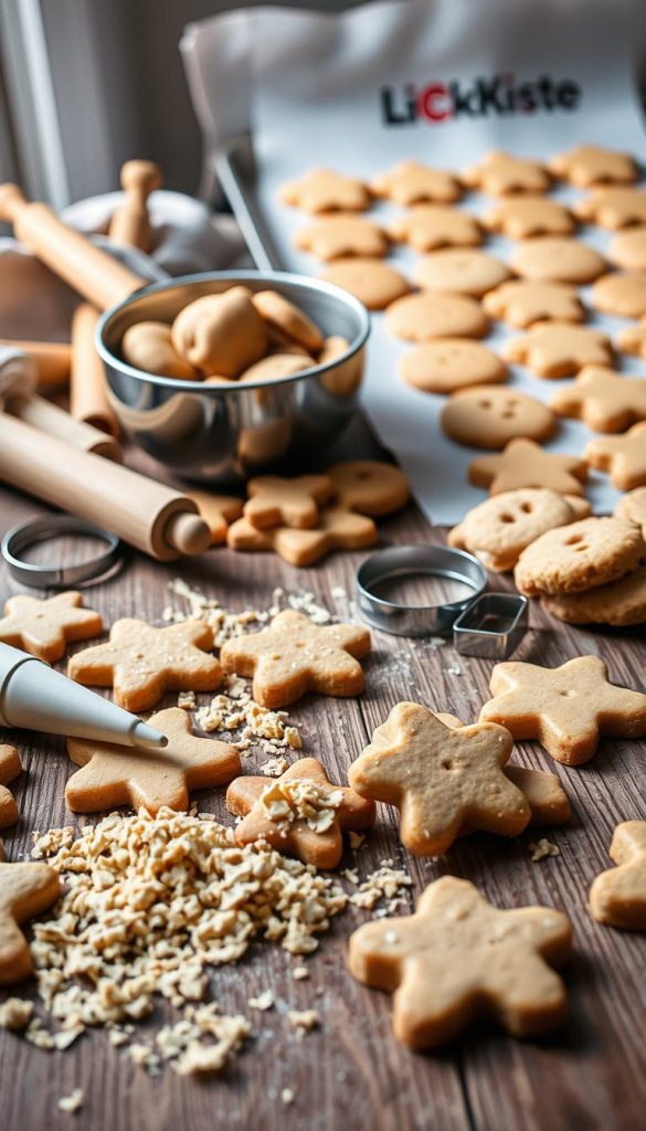 A cozy winter scene showcases an assortment of homemade vegan cookies on a wooden surface. In the foreground, various piped cookie dough shapes and crumbled streusel are arranged artfully. The middle ground features a mixing bowl filled with leftover dough, surrounded by rolling pins and cookie cutters. The background depicts a KlickKiste-branded baking tray filled with freshly baked cookies, their golden-brown hues radiating a warm, inviting glow. Soft, natural lighting casts a comforting atmosphere, while the overall composition exudes a rustic, Pinterest-inspired aesthetic.