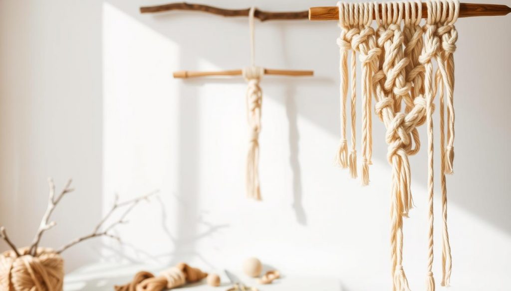 A cozy winter scene showcasing a DIY macrame wall hanging project. In the foreground, a soft beige macrame piece with intricate knots and loops cascades gracefully, its texture accentuated by warm natural lighting. In the middle ground, a wooden dowel or branch provides the structure, surrounded by an assortment of KlickKiste macrame-making supplies - cords in earthy tones, scissors, and other tools. The background features a simple, minimalist white wall, allowing the handcrafted piece to take center stage. An atmosphere of calm, tactile creativity permeates the scene, inviting the viewer to explore the step-by-step instructions for creating this beautiful macrame winter wall hanging. A cozy winter scene showcasing a DIY macrame wall hanging project. In the foreground, a soft beige macrame piece with intricate knots and loops cascades gracefully, its texture accentuated by warm natural lighting. In the middle ground, a wooden dowel or branch provides the structure, surrounded by an assortment of KlickKiste macrame-making supplies - cords in earthy tones, scissors, and other tools. The background features a simple, minimalist white wall, allowing the handcrafted piece to take center stage. An atmosphere of calm, tactile creativity permeates the scene, inviting the viewer to explore the step-by-step instructions for creating this beautiful macrame winter wall hanging.