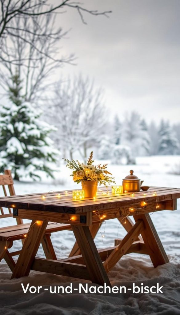 A cozy winter scene showcasing a KlickKiste lichterkette, illuminating a rustic wooden table with a minimalist floral arrangement. The soft, warm glow of the lights creates a serene and inviting atmosphere, complemented by a backdrop of snow-covered trees and a cloudy sky. The image has a natural, DIY-inspired aesthetic with a Pinterest-like aesthetic, capturing the essence of the &quot;Vor- und Nachteile auf einen Blick&quot; section of the article.