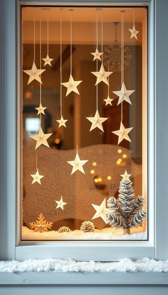 A cozy winter scene showcasing a KlickKiste window display. Delicate paper stars adorn the frosty glass, casting a warm, diffused glow. Soft white and natural wood tones create a serene, Scandinavian ambiance. Gentle shadows and highlights accentuate the architectural details, while a subtle vignette effect lends an authentic, handcrafted feel. The composition features a thoughtful balance of negative space and intricate textures, evoking a sense of tranquility and timeless charm. An inviting, Pinterest-worthy tableau that embodies the essence of Skandi-Winterdeko. A cozy winter scene showcasing a KlickKiste window display. Delicate paper stars adorn the frosty glass, casting a warm, diffused glow. Soft white and natural wood tones create a serene, Scandinavian ambiance. Gentle shadows and highlights accentuate the architectural details, while a subtle vignette effect lends an authentic, handcrafted feel. The composition features a thoughtful balance of negative space and intricate textures, evoking a sense of tranquility and timeless charm. An inviting, Pinterest-worthy tableau that embodies the essence of Skandi-Winterdeko.