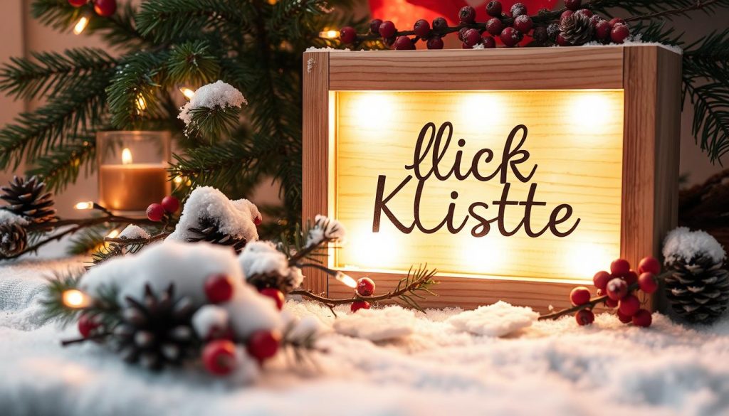 A cozy winter scene showcasing a handcrafted "KlickKiste" display, featuring a warm wooden box with recessed LED lighting, surrounded by natural elements like pine branches, dried berries, and a dusting of snow. The soft, diffused illumination creates a serene, inviting atmosphere, perfectly complementing the rustic, homemade aesthetic. The arrangement is captured from a low angle, emphasizing the depth and textures of the carefully curated DIY components. The overall mood evokes a sense of simple, effortless holiday charm.