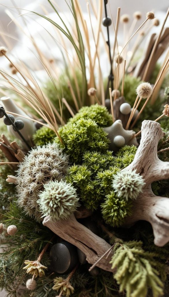 A cozy winter scene showcasing a lush, verdant bouquet of natural materials, including textured mosses, wispy dried grasses, and gently weathered driftwood. Soft, diffused lighting casts a warm, glowing ambiance, while muted shades of sage, olive, and charcoal evoke a sense of tranquility. Delicate, organic shapes create a harmonious, rustic composition, reflecting the latest trends in modern, nature-inspired holiday decor. The overall atmosphere is serene and inviting, perfectly capturing the essence of the "Adventskranz Trends 2025: Farben, Materialien, Styles" section.