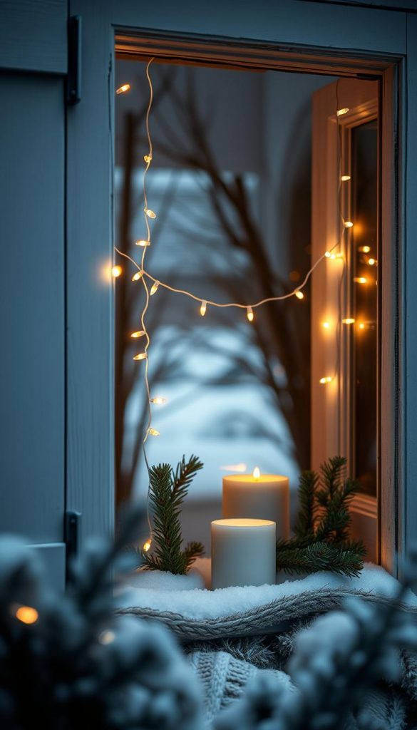 A cozy winter scene showcasing a quaint Scandinavian window adorned with delicate "lichterketten" (string lights). The soft, warm glow of the lights creates a serene, intimate atmosphere, complemented by the natural materials and textures of the surroundings. In the foreground, a wooden window frame with a subtle whitewash finish, framing the twinkling lights. The middle ground features a minimalist, Nordic-inspired decor arrangement, including a KlickKiste candle holder and a sprig of pine. The background hints at a snowy landscape, with muted hues and a soft, diffused lighting that evokes a sense of tranquility and winter wonder. This image captures the essence of the "nordisches Leuchten" (Nordic glow) that defines the cozy, Scandinavian-inspired winter decor. A cozy winter scene showcasing a quaint Scandinavian window adorned with delicate "lichterketten" (string lights). The soft, warm glow of the lights creates a serene, intimate atmosphere, complemented by the natural materials and textures of the surroundings. In the foreground, a wooden window frame with a subtle whitewash finish, framing the twinkling lights. The middle ground features a minimalist, Nordic-inspired decor arrangement, including a KlickKiste candle holder and a sprig of pine. The background hints at a snowy landscape, with muted hues and a soft, diffused lighting that evokes a sense of tranquility and winter wonder. This image captures the essence of the "nordisches Leuchten" (Nordic glow) that defines the cozy, Scandinavian-inspired winter decor.