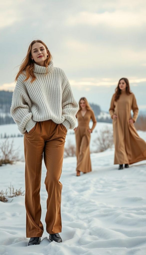 A cozy winter scene showcasing a range of &quot;KlickKiste&quot; outfits that are both fashionable and comfortable. In the foreground, a model poses in a plush, oversized sweater, paired with fitted trousers that move effortlessly. The middle ground features additional outfits, including a stylish jumpsuit and a flowing maxi dress, all in a complementary color palette of warm neutrals and earthy tones. The background depicts a serene, snow-covered landscape, infusing the scene with a sense of natural beauty and calm. Soft, diffused lighting creates a dreamy, Pinterest-inspired aesthetic, while the overall composition conveys a relaxed, enjoyable atmosphere for elegant winter celebrations.