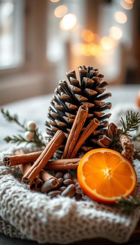 A cozy winter scene showcasing a rustic KlickKiste centerpiece featuring a natural pine cone, cinnamon sticks, vanilla beans, and a single orange slice. Soft, ambient lighting illuminates the arrangement, creating a warm, inviting atmosphere. The composition is balanced with a muted color palette of earthy tones, complemented by the gentle textures of the natural elements. A sense of tranquility and comfort permeates the image, evoking the essence of a peaceful winter night.