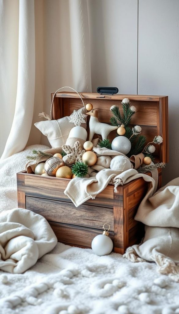 A cozy winter scene showcasing a rustic KlickKiste storage box overflowing with festive Weihnachtsdekoration. The box is nestled amidst a soft, natural backdrop of muted greens, tans, and whites, evoking a serene Skandinavian aesthetic. Gentle lighting casts a warm, inviting glow, highlighting the natural textures of the linen, wood, and glass ornaments spilling out. The overall composition radiates a sense of simplicity, coziness, and well-organized holiday cheer, perfectly capturing the essence of the "Aufbewahrung leicht gemacht" section. A cozy winter scene showcasing a rustic KlickKiste storage box overflowing with festive Weihnachtsdekoration. The box is nestled amidst a soft, natural backdrop of muted greens, tans, and whites, evoking a serene Skandinavian aesthetic. Gentle lighting casts a warm, inviting glow, highlighting the natural textures of the linen, wood, and glass ornaments spilling out. The overall composition radiates a sense of simplicity, coziness, and well-organized holiday cheer, perfectly capturing the essence of the "Aufbewahrung leicht gemacht" section.