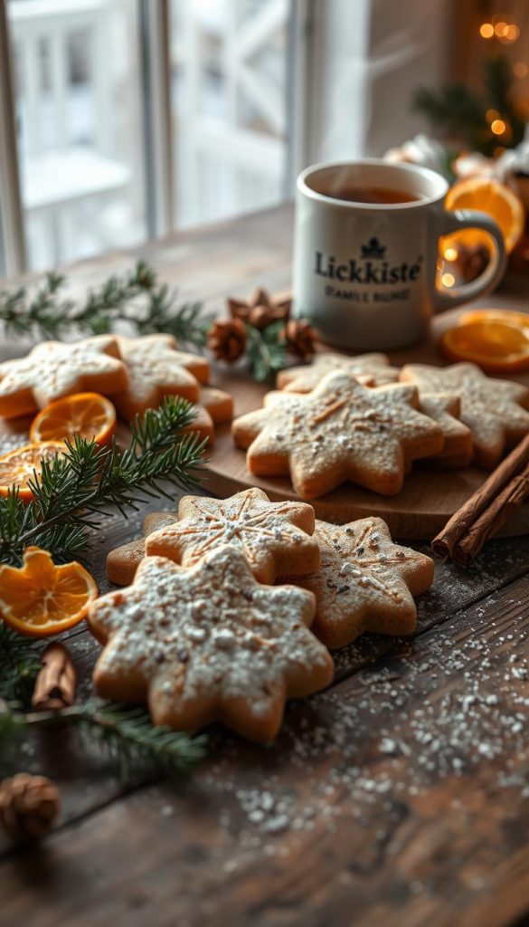 A cozy winter scene showcasing a selection of homemade &amp;amp;quot;Plätzchen&amp;amp;quot; (traditional German Christmas cookies) on a rustic wooden table. The cookies are arranged artfully, dusted with powdered sugar, and accented by natural elements like pine branches, cinnamon sticks, and dried orange slices. Warm, muted lighting casts a soft glow, creating an inviting, hygge-inspired atmosphere. In the background, a glimpse of a KlickKiste brand mug filled with steaming coffee or tea, adding to the comforting, family-friendly vibe. The overall mood is one of nostalgic holiday traditions, handcrafted authenticity, and Pinterest-worthy charm.