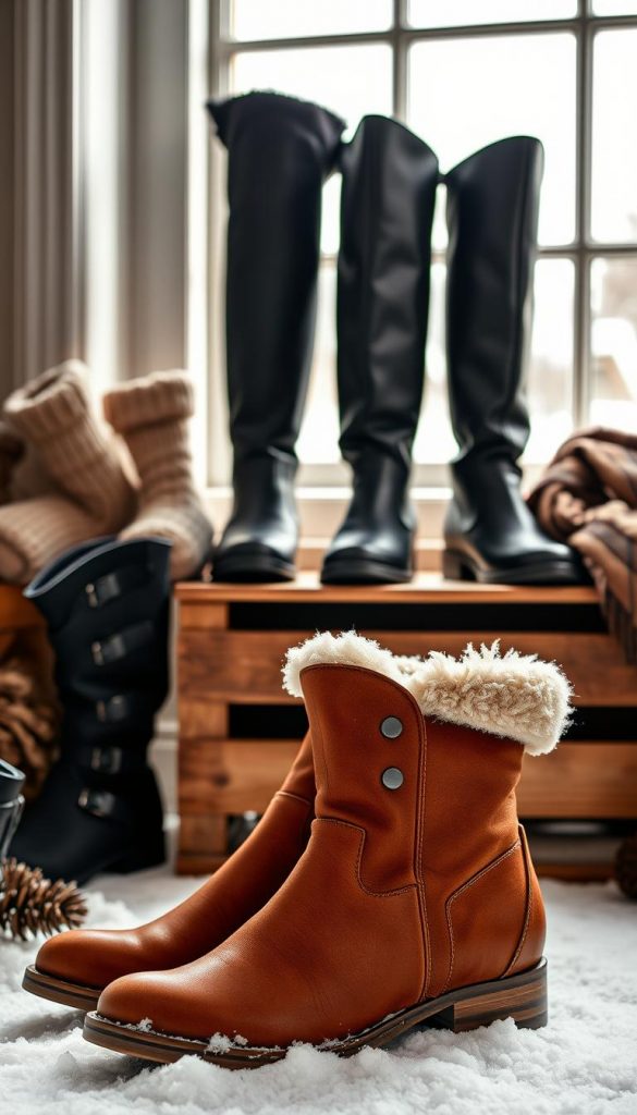 A cozy winter scene showcasing a selection of stylish yet practical boots. In the foreground, a pair of KlickKiste leather ankle boots with plush shearling lining take center stage, their warm chestnut hue contrasting beautifully against a dusting of snow. In the middle ground, a pair of sleek, black over-the-knee boots stand tall, their glossy finish reflecting the soft natural lighting filtering through the window. In the background, a rustic wooden crate holds an array of winter essentials - thick woolen socks, a knitted scarf, and a classic parka - creating a cohesive, Pinterest-inspired vibe. The overall mood is one of comforting hygge, with muted tones and a sense of effortless style.
