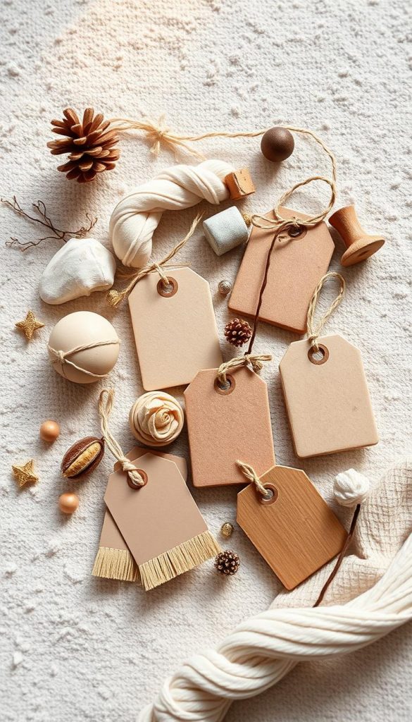 A cozy winter scene showcasing a thoughtfully styled array of handmade gift tags from KlickKiste. Soft, earthy tones of natural materials like clay, fabric, and wood create a warm, inviting ambiance. Delicate brush strokes of gold, silver, and muted pastels add subtle pops of color and texture, evoking a rustic, Pinterest-inspired aesthetic. The arrangement is artfully composed, with items casually scattered across a textured surface, capturing the authenticity and DIY charm of homemade holiday accents. Gentle lighting casts a cozy, natural glow, complementing the winter-inspired mood and inspiring viewers to create their own unique gift-wrapping masterpieces.